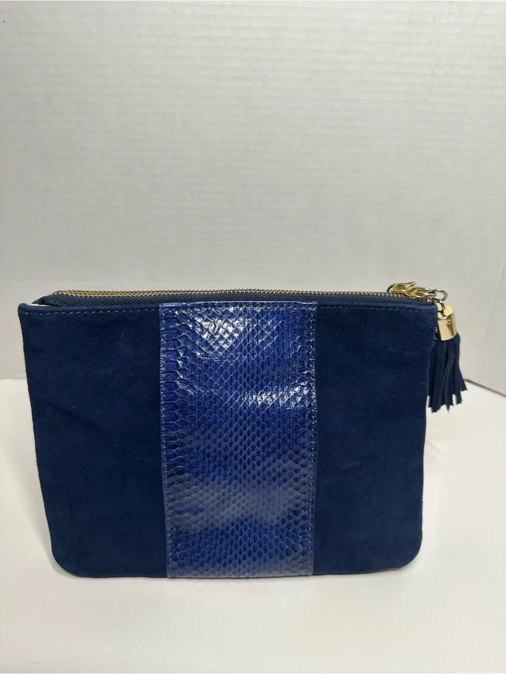 Ann Taylor Navy Suede Cosmetic Pouch with Snake-Embossed Panel